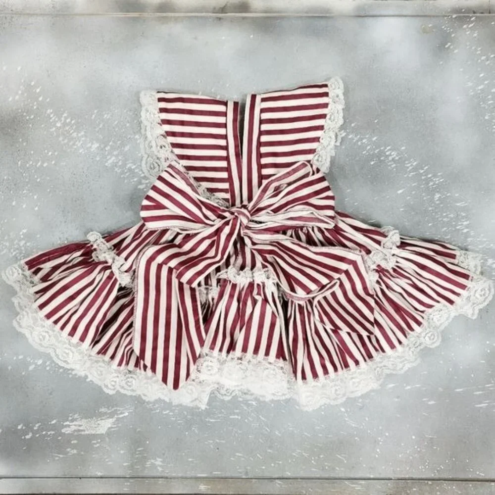 Vintage Lace Full Circle Pinafore Dress Bloomer Set Red Stripe Holiday Twirl - Picture 6 of 10